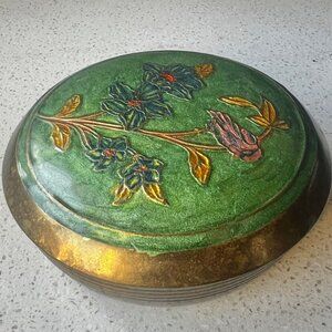 Vintage Brass & Enamel Floral & Bird Trinket Box With Lid
